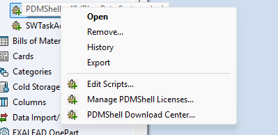 PDMShell add-in menu in the SOLIDWORKS PDM Administration Tool with Edit Scripts, Manage PDMShell Licenses, and PDMShell Download Center commands