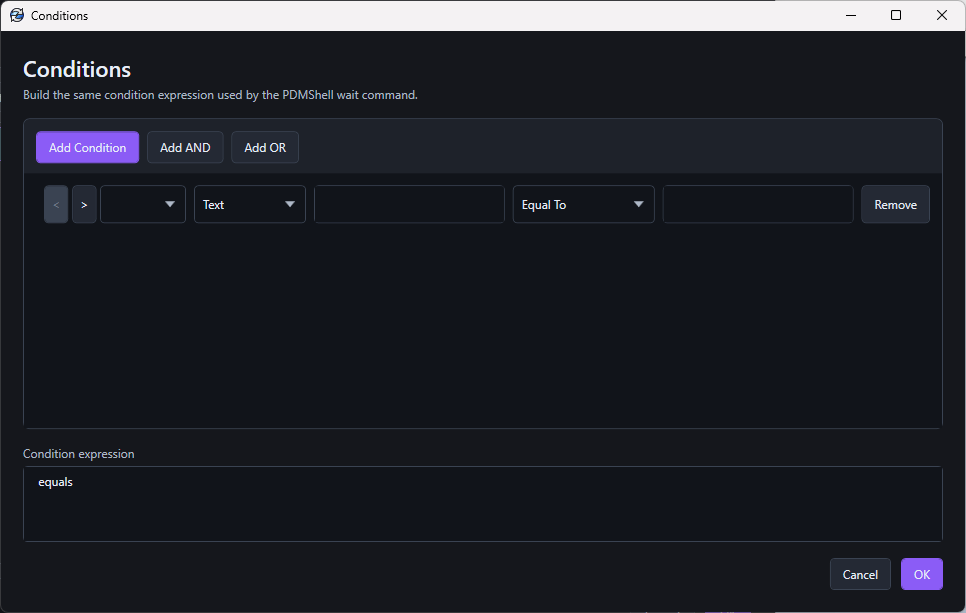 PDMShell add-in Conditions editor with condition rows and generated condition expression