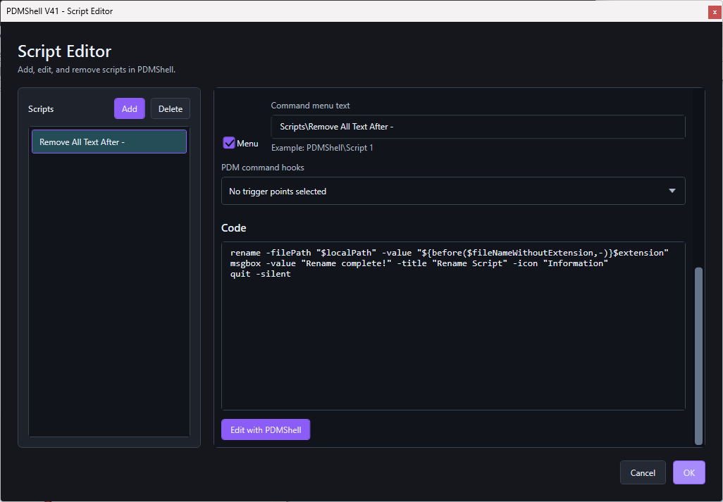 PDMShell add-in Script Editor showing command menu text, PDM command hooks, and PDMShell script code