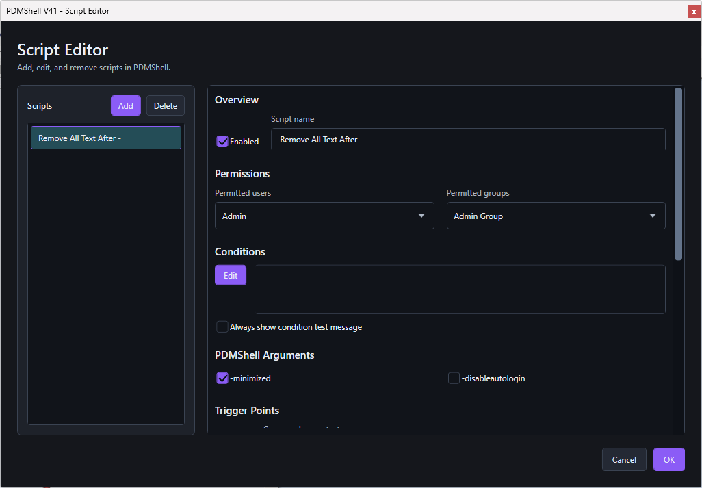 PDMShell add-in Script Editor overview showing script name, enabled state, permissions, conditions, PDMShell arguments, and trigger points