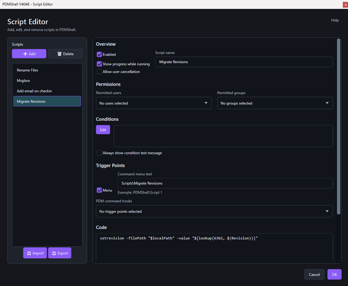PDMShell add-in Script Editor showing script controls, progress and cancellation settings, permissions, conditions, trigger points, code, Import, and Export