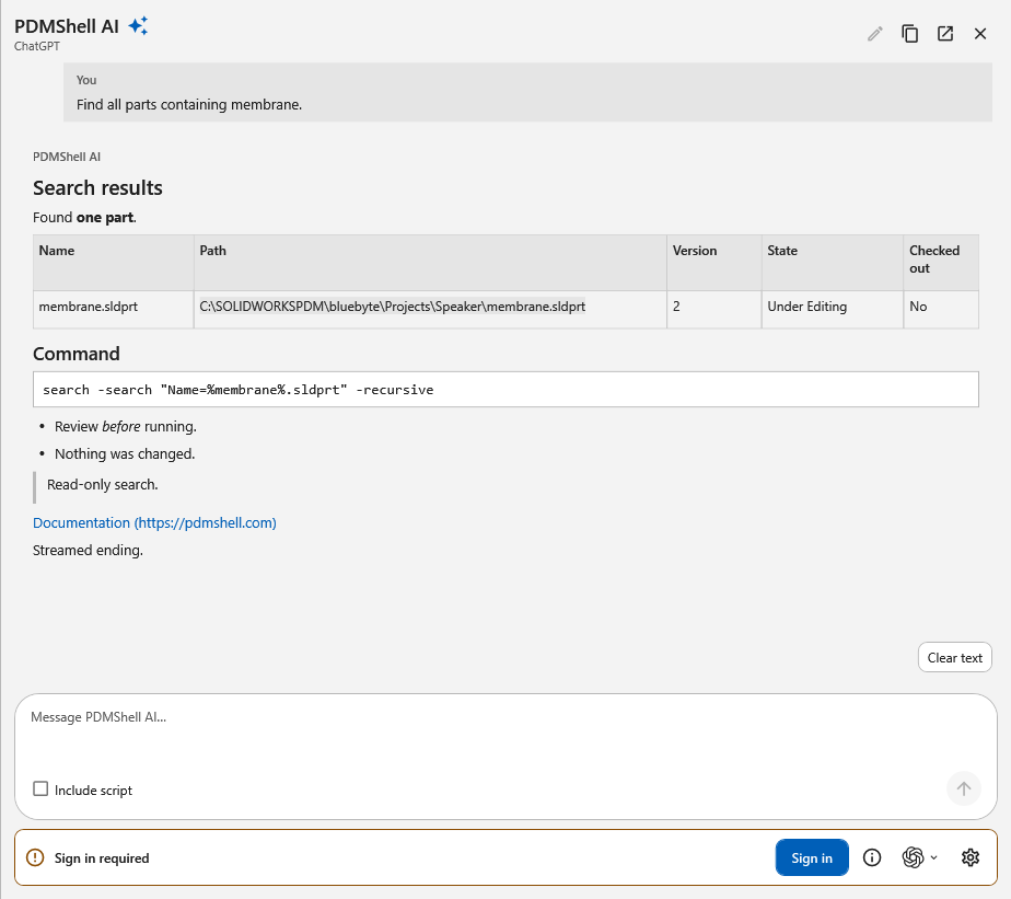 AI reply with selectable Markdown, table and code in a wide pane