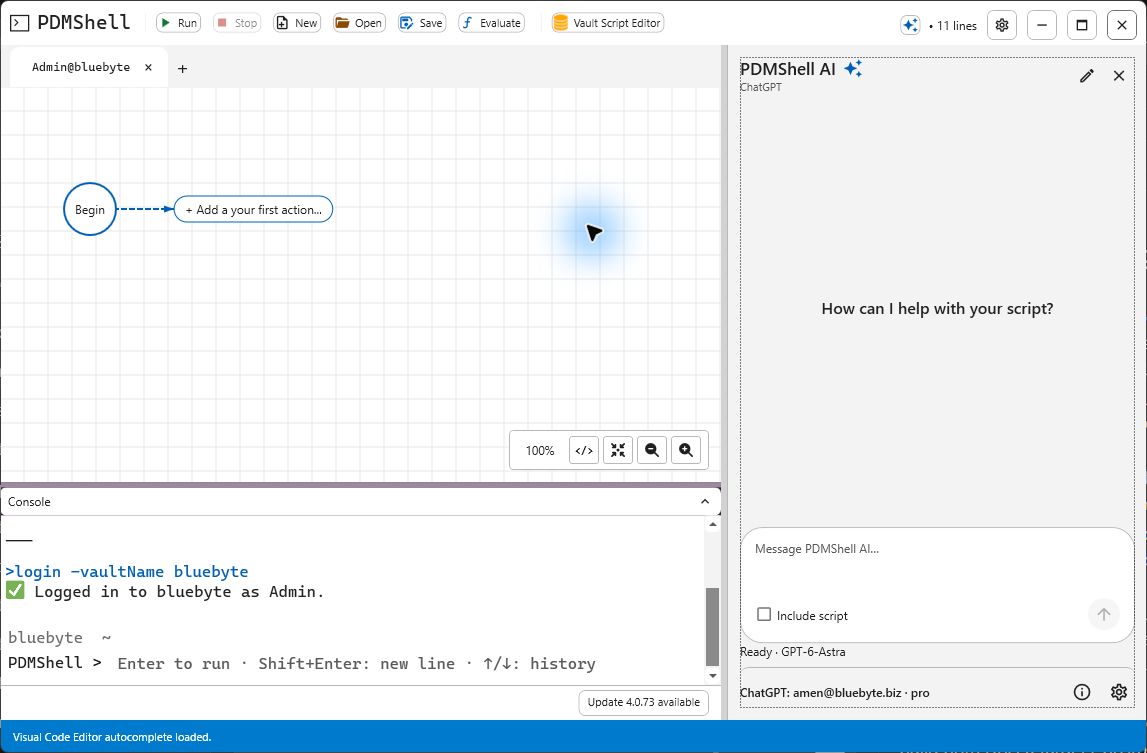 PDMShell session with the visual editor, console and connected ChatGPT AI pane