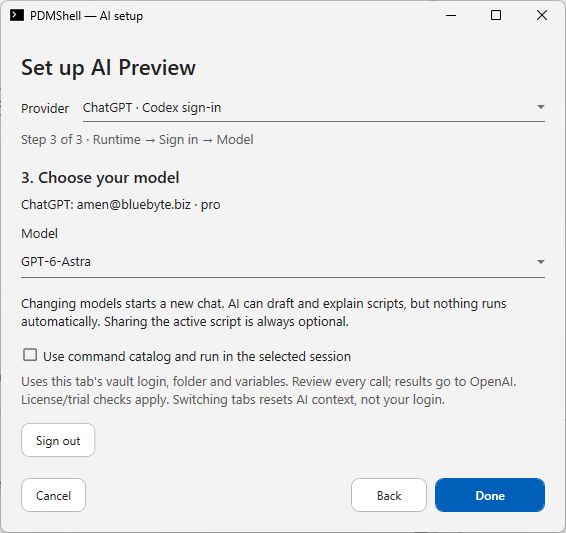 Connected ChatGPT settings with the selected model and optional session tools