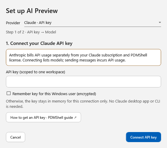 Claude API-key setup in PDMShell 4.0.85; no key entered