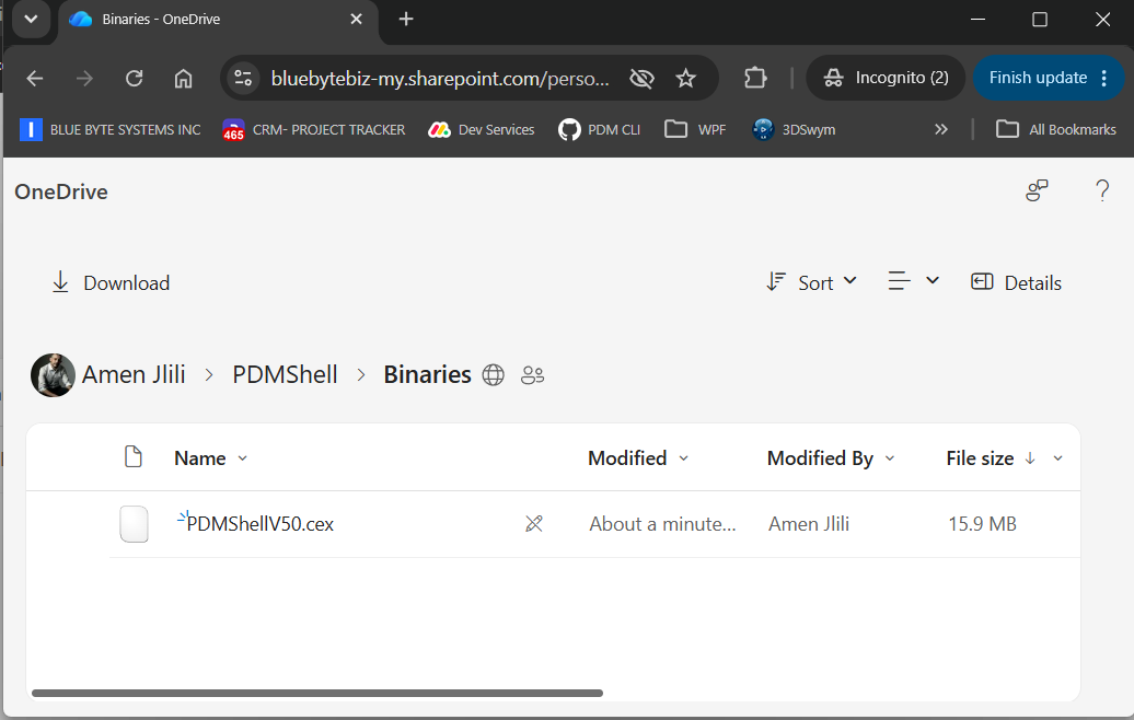 PDMShell Download Center folder in Microsoft OneDrive showing a PDMShell CEX file