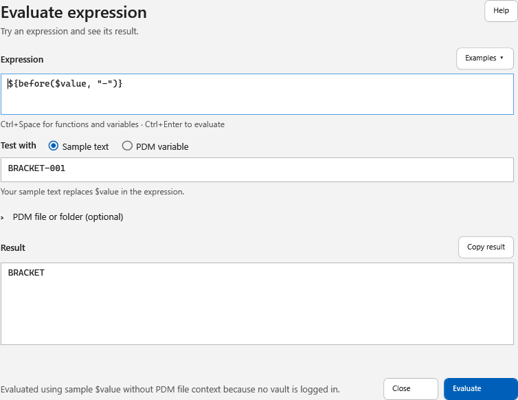 Evaluate a sample expression in PDMShell 4.0.85