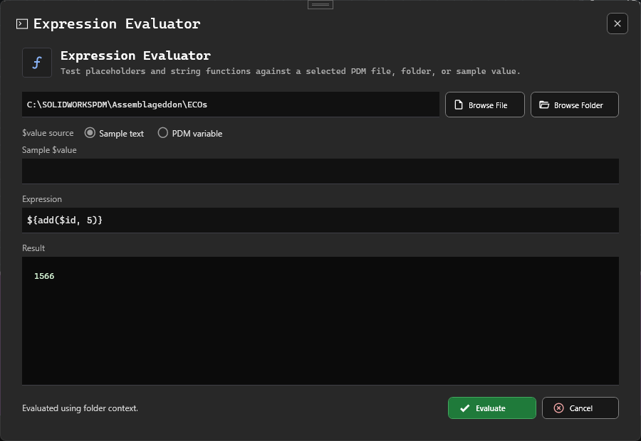Expression Evaluator showing add function used with the selected folder ID