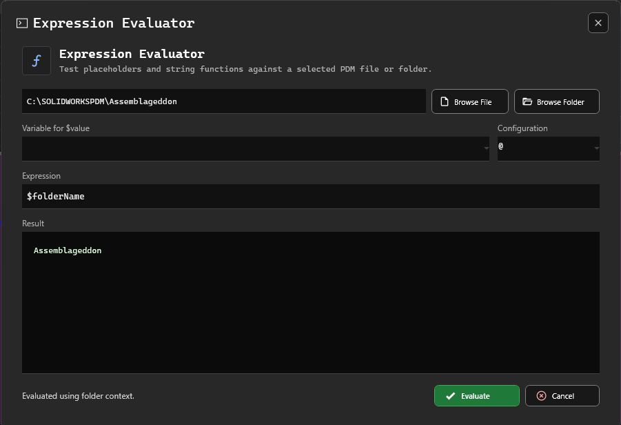 PDMShell Expression Evaluator dialog showing a folder placeholder result