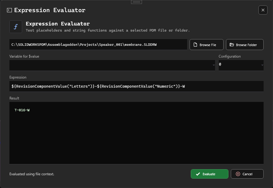 Expression Evaluator showing revision component values returning T-016-W