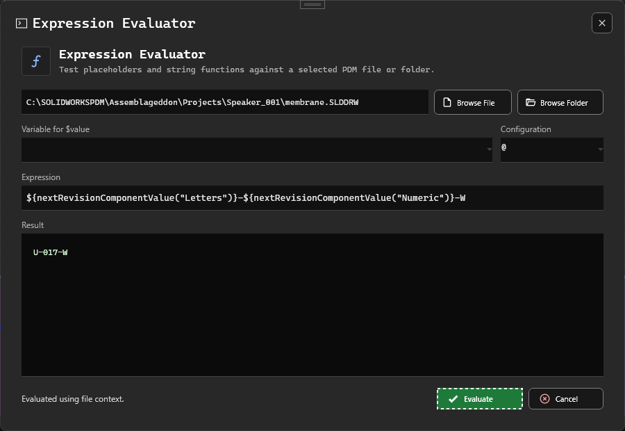 Expression Evaluator showing next revision component values returning U-017-W