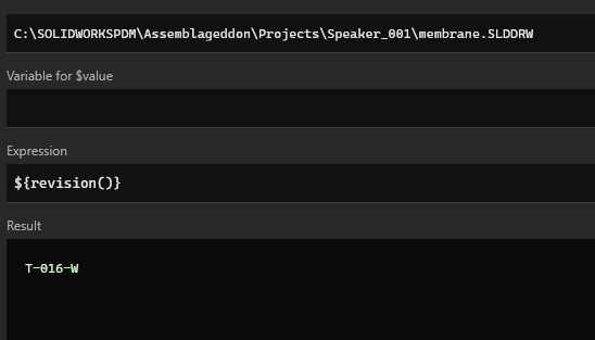 Expression Evaluator showing revision function returning T-016-W