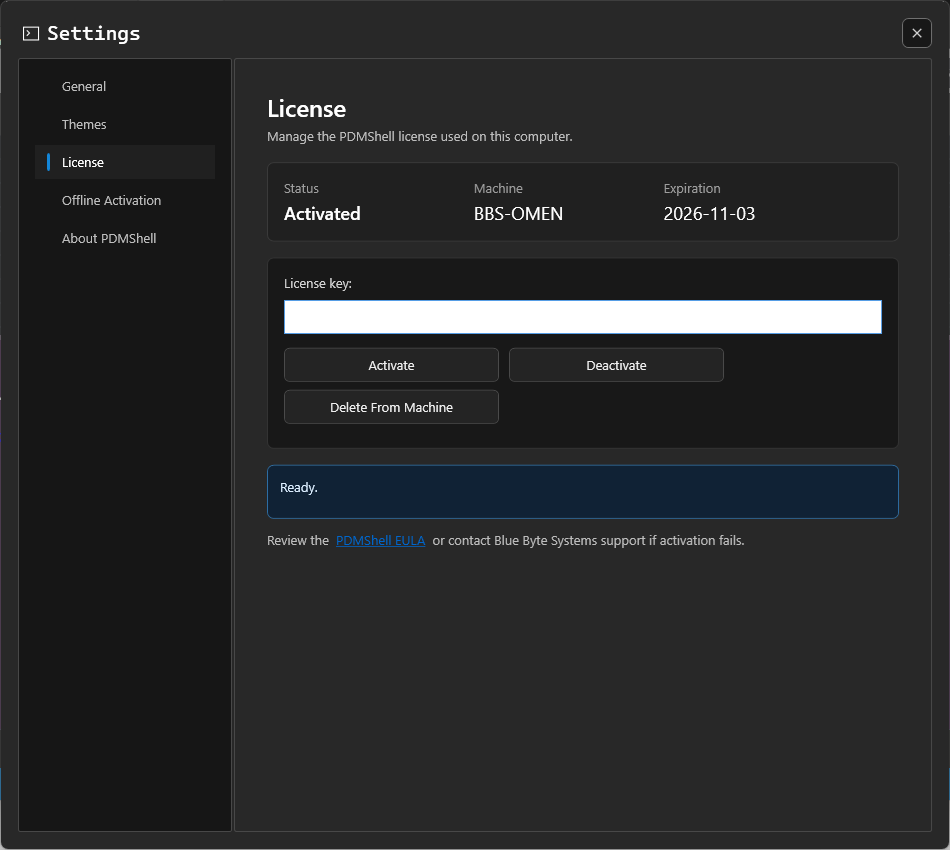 PDMShell License settings page with an activated machine license