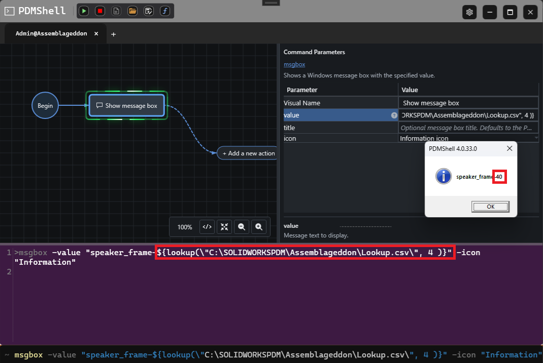 PDMShell visual editor showing a msgbox command using the lookup function to return 40 from a CSV file