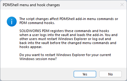 PDMShell menu and hook changes dialog asking whether to restart Windows Explorer