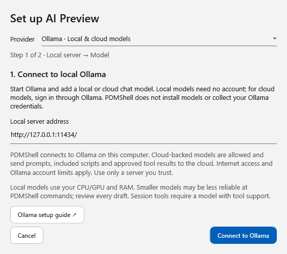 Ollama local and cloud setup in PDMShell