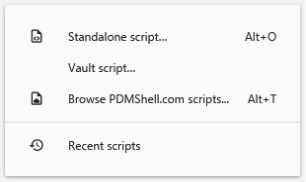 PDMShell 4.0.85 Open menu with standalone and vault script choices