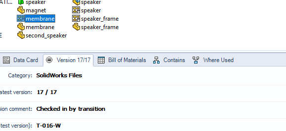SOLIDWORKS PDM Version tab showing the current revision T-016-W