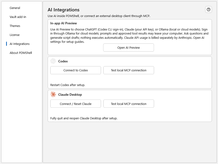 PDMShell AI Integrations settings with embedded AI, Codex and Claude Desktop panels