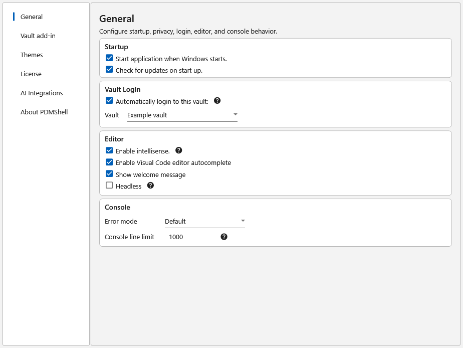 PDMShell General settings page with startup, vault login, editor, and console sections