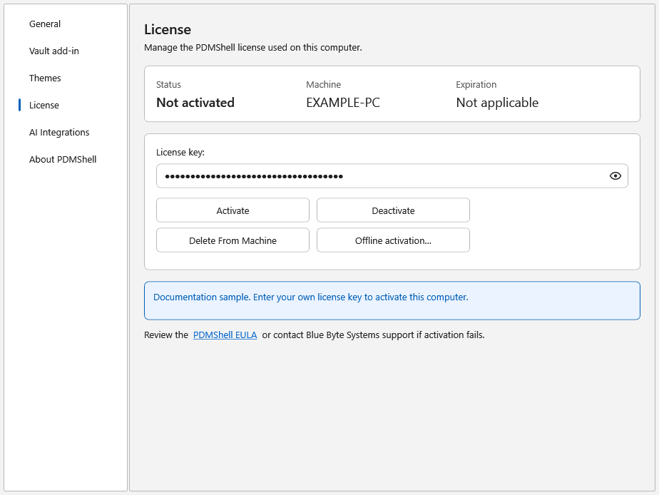 PDMShell License page with an activated machine license