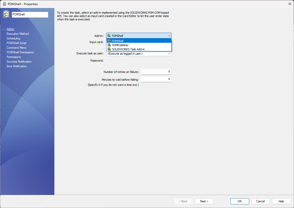 PDMShell task add-in selection