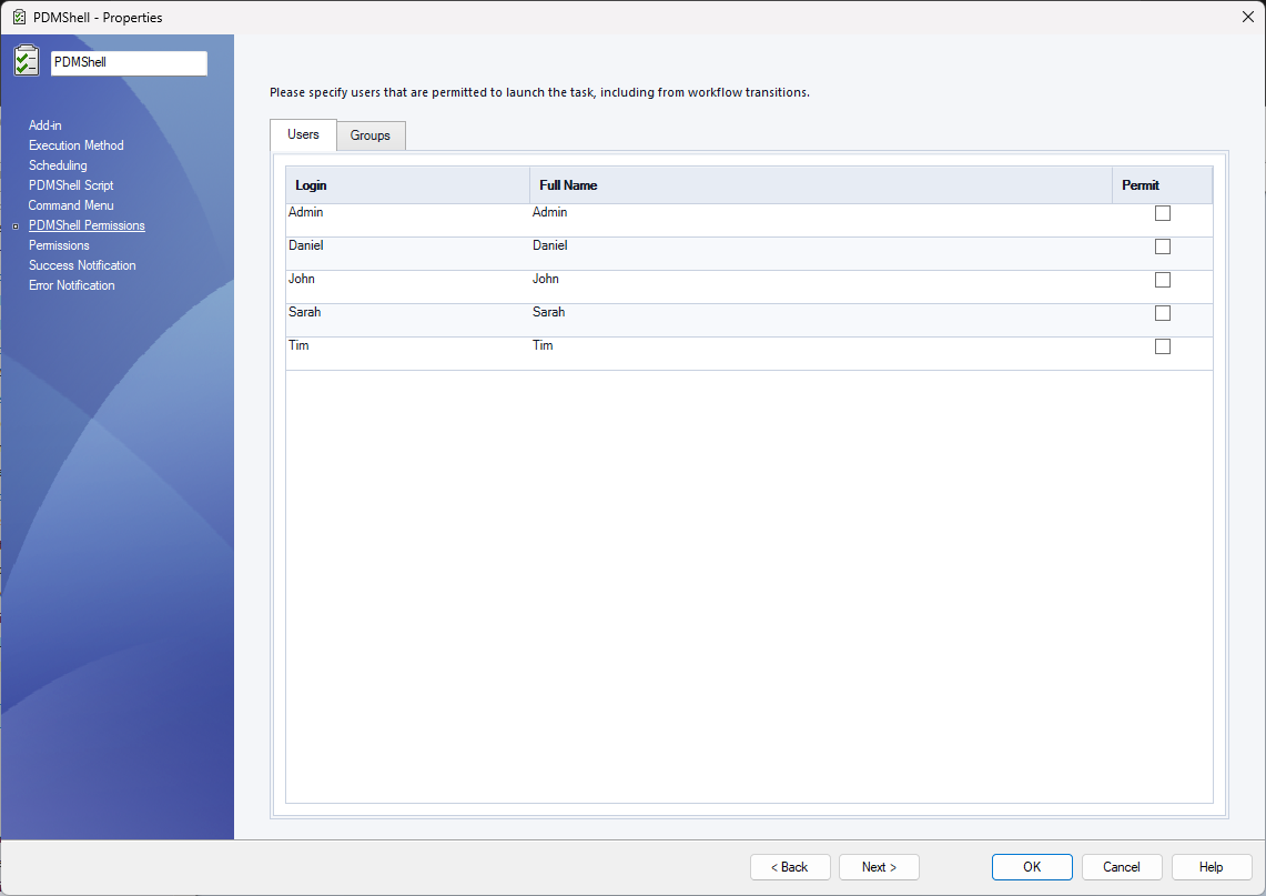 PDMShell task permissions page