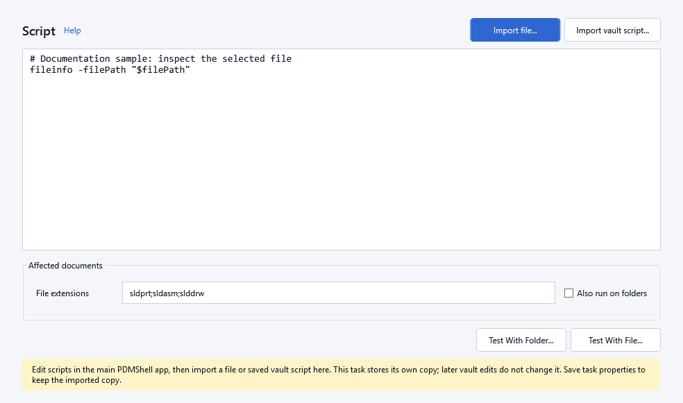 Current task setup with import actions and read-only script preview