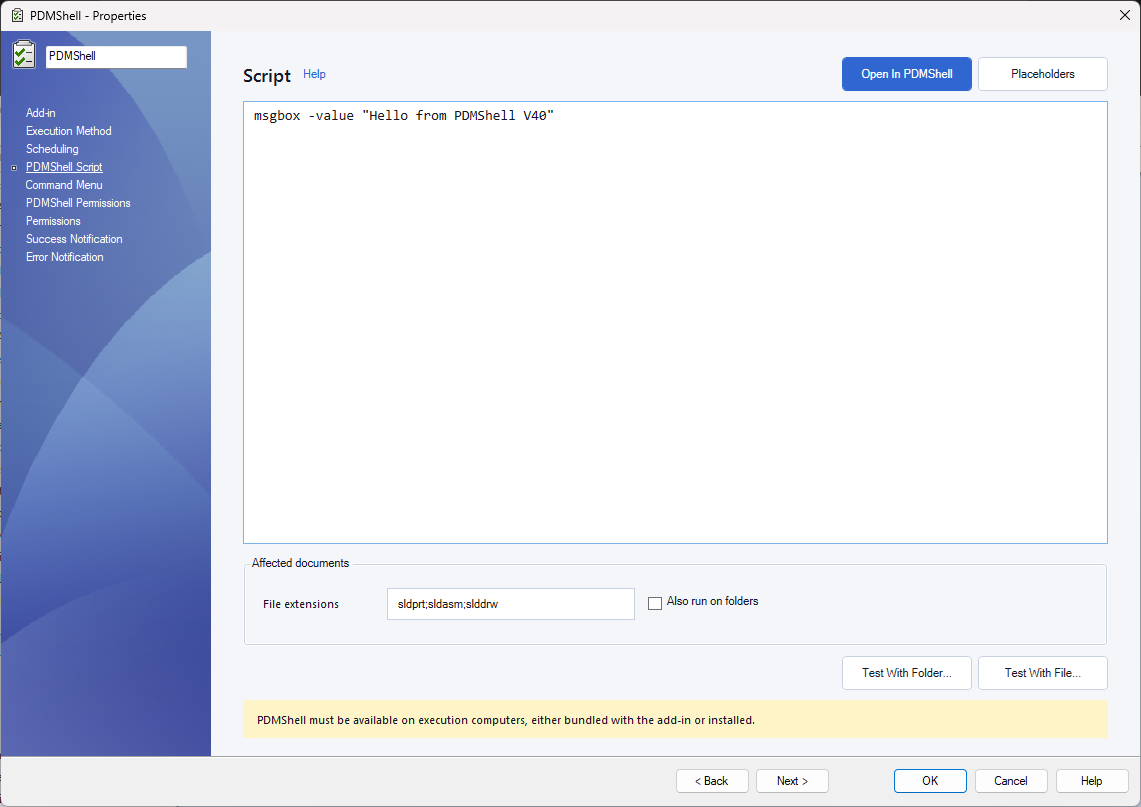 PDMShell task script page