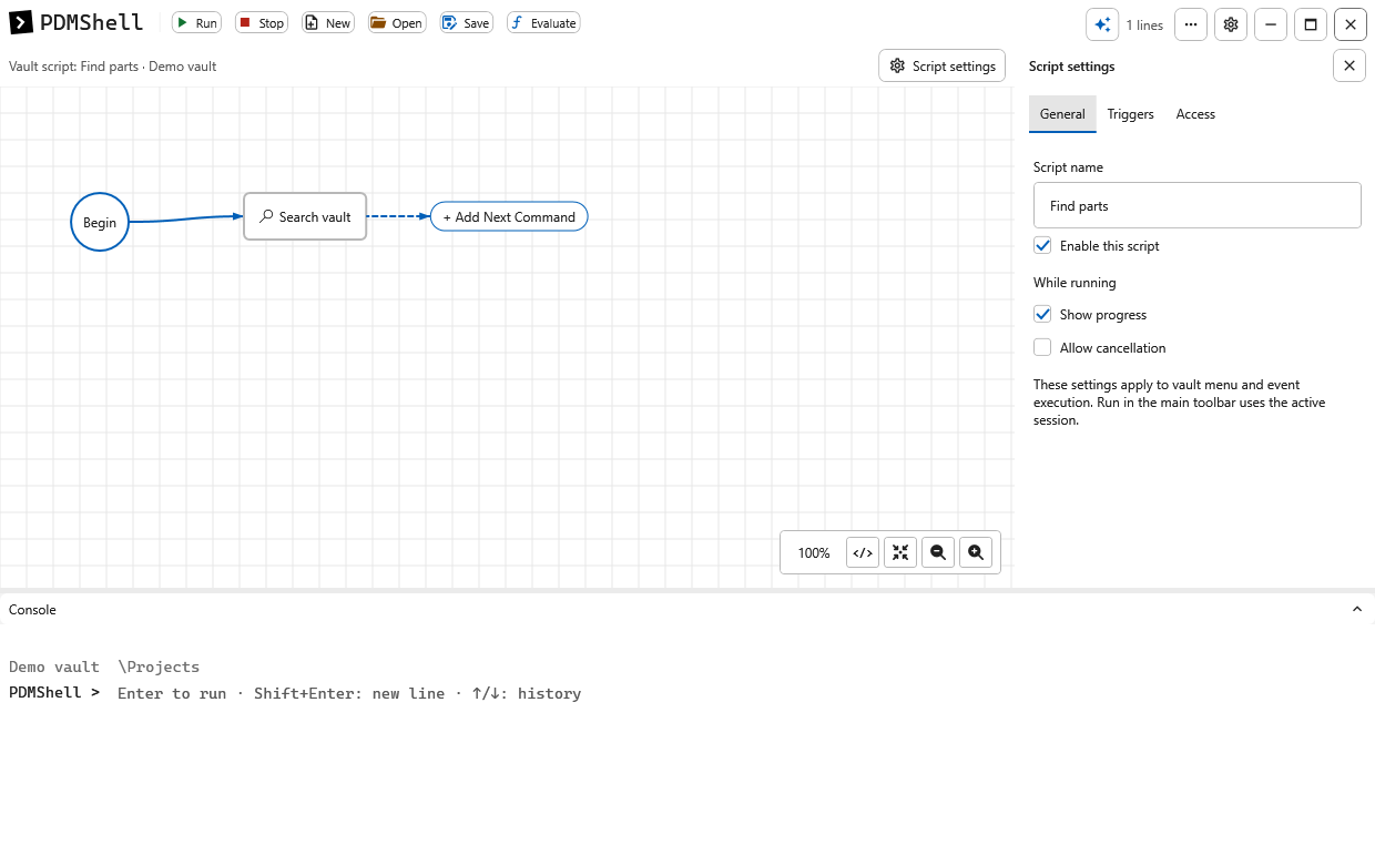 PDMShell 4.0.85 unified visual editor and Script settings with sample vault data