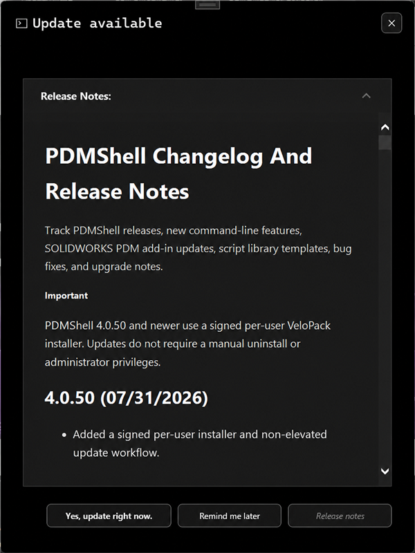 PDMShell update available dialog