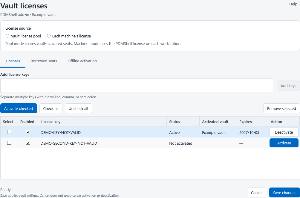 Licenses tab of the PDMShell vault license manager