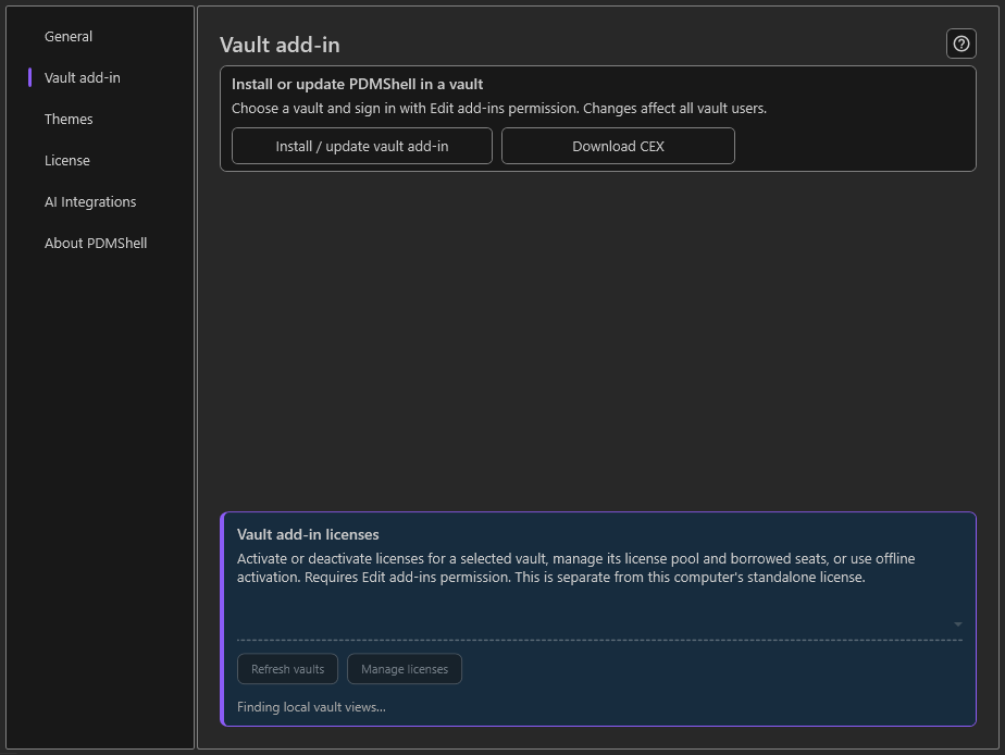 PDMShell 4.0.94 Vault add-in settings with Download CEX and licensing at the bottom